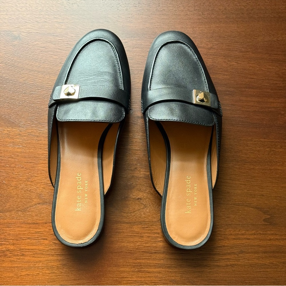 kate spade Black Leather Slide Loafers with Gold Accent